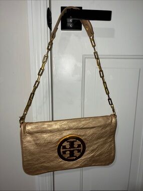 Tory Burch Gold Clutch with Gold Signature Logo